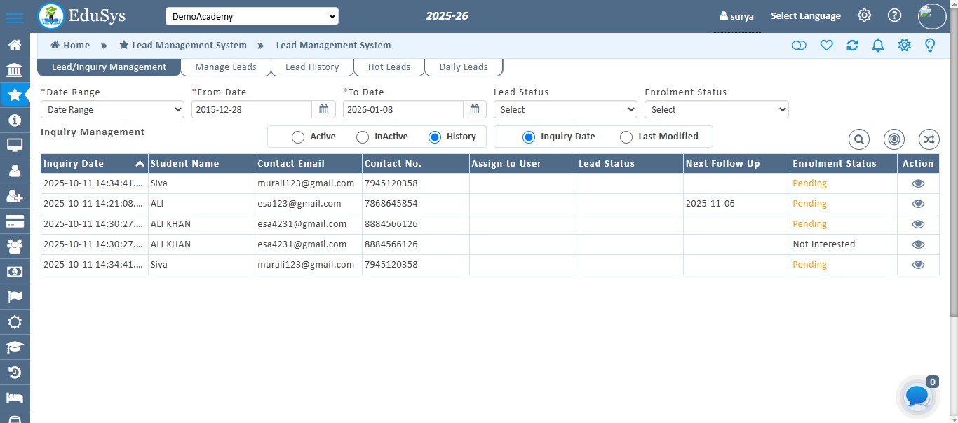 Coaching Institute Inquiry Management
