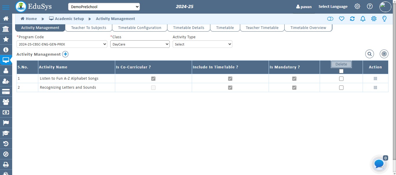 Pre-School Activity Management