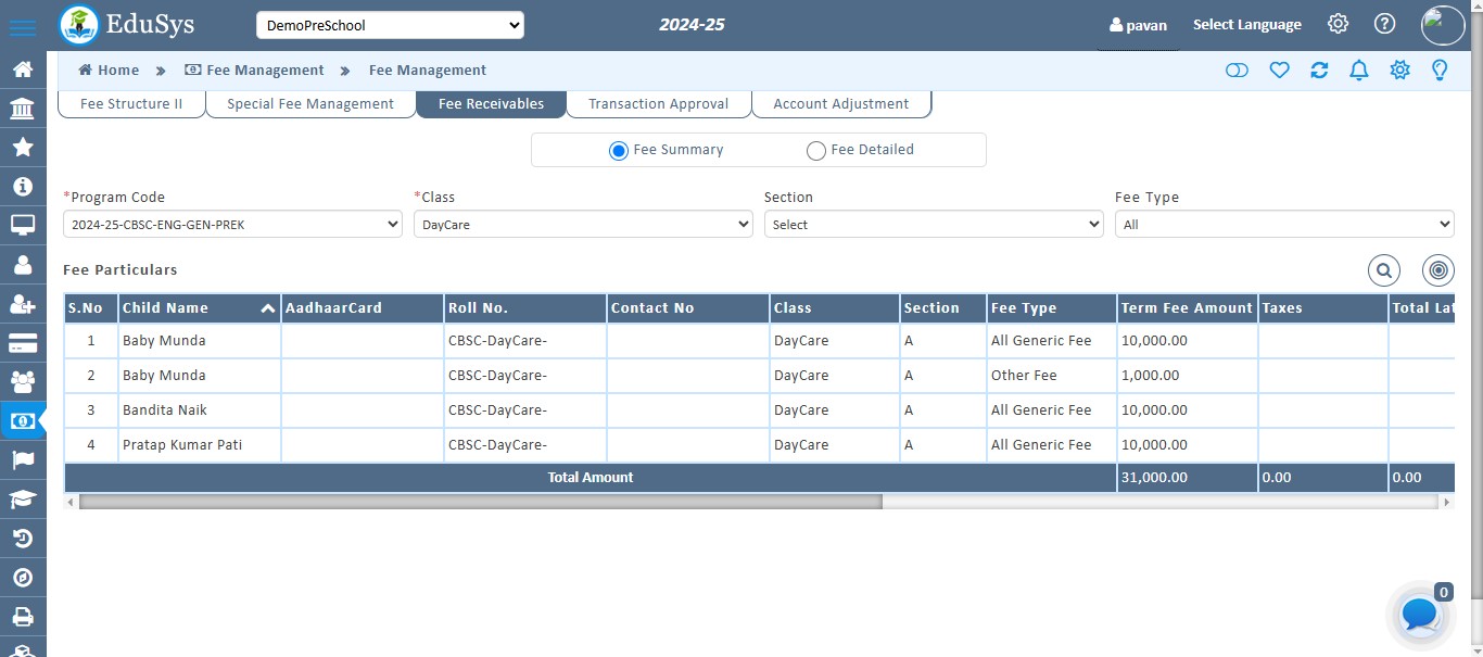 Pre-School Fee Management
