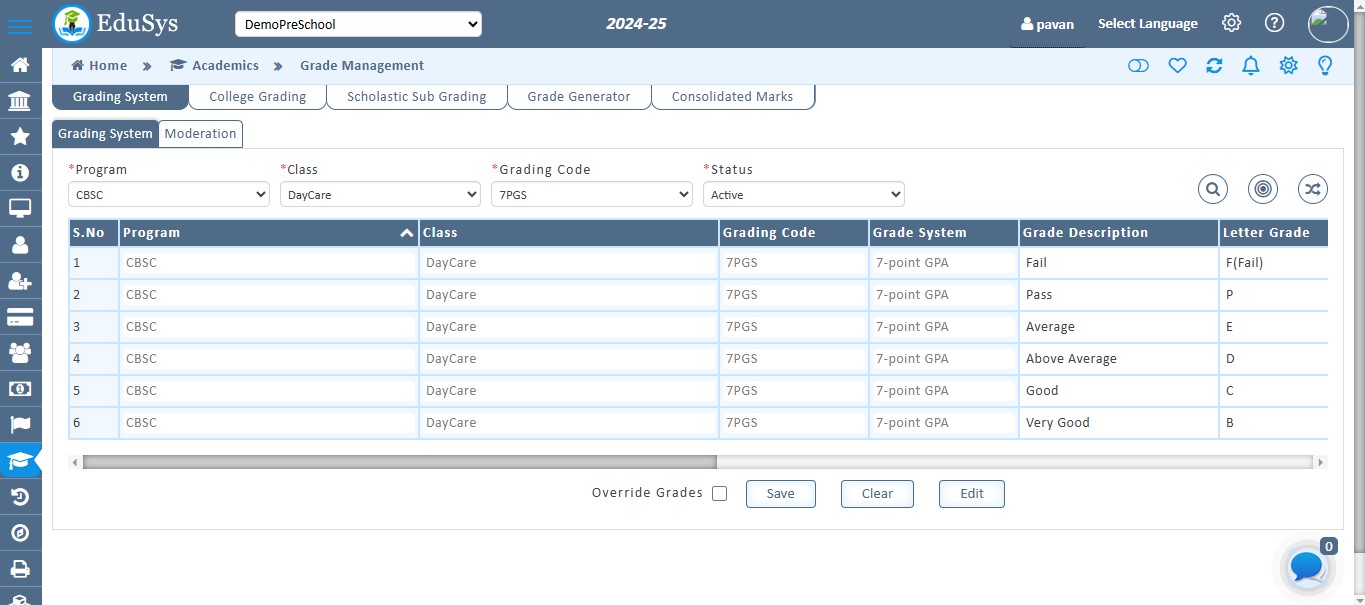 Pre-School Grade Management