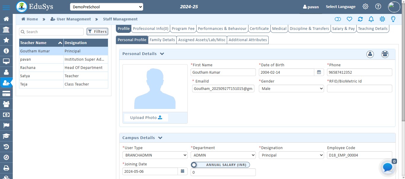 Pre-School Staff  Management